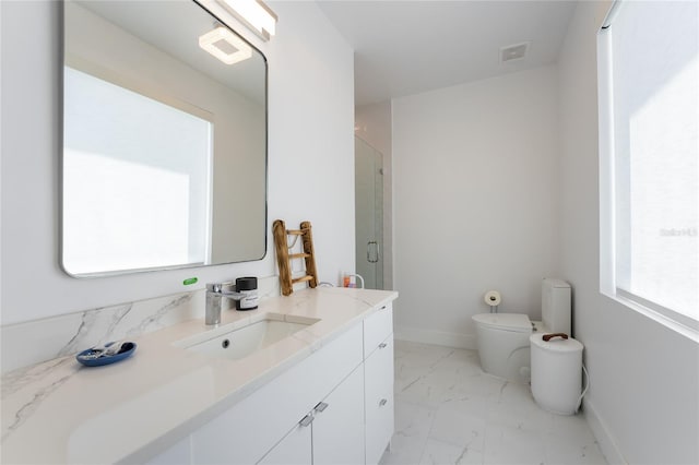 bathroom featuring tile floors, toilet, and vanity