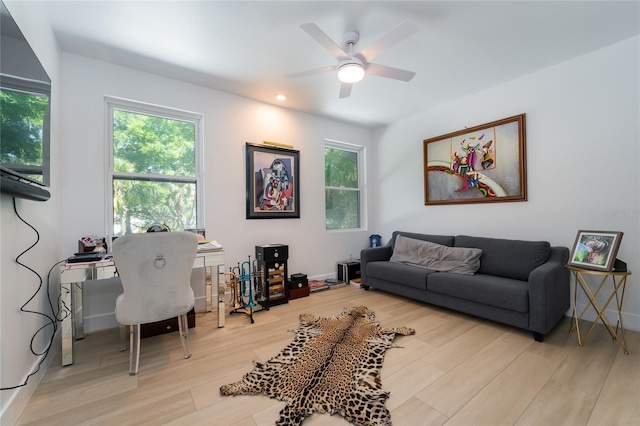 living room featuring ceiling fan and light wood-type flooring