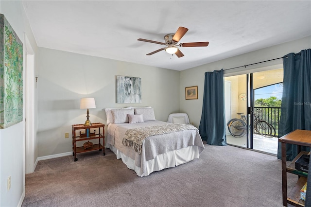 carpeted bedroom with ceiling fan and access to outside