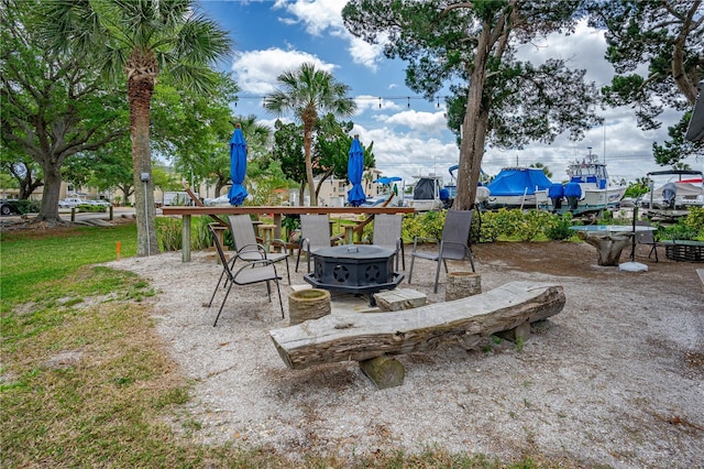 view of patio / terrace with a fire pit