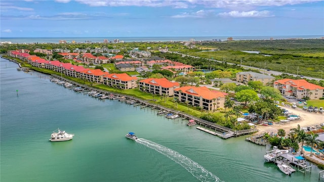 drone / aerial view featuring a water view