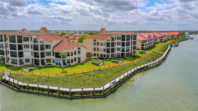exterior space with a water view