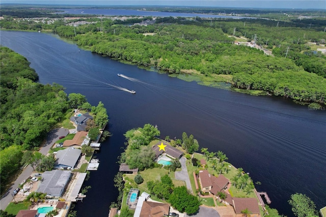 drone / aerial view with a water view