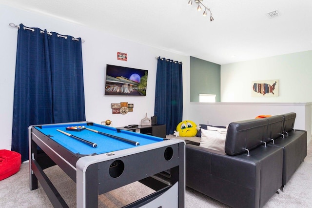 recreation room with rail lighting, light colored carpet, and billiards