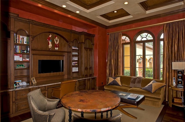 home office featuring ornamental molding, dark hardwood / wood-style flooring, beam ceiling, and coffered ceiling