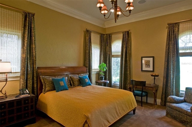 carpeted bedroom featuring crown molding and an inviting chandelier