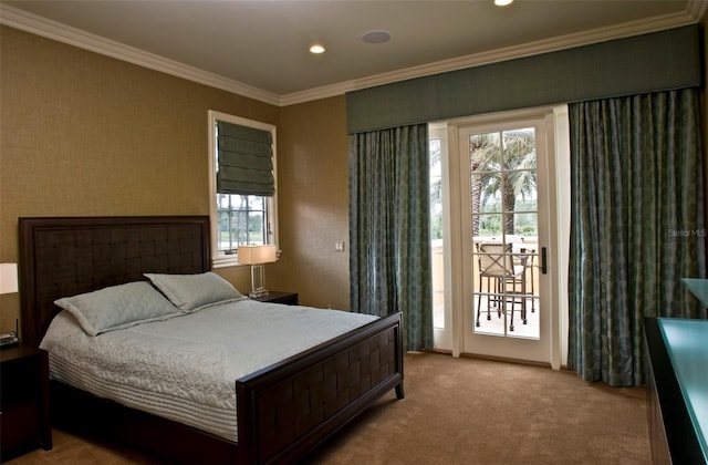 carpeted bedroom featuring crown molding and access to outside