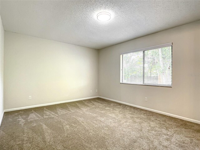 empty room with a textured ceiling, carpet, and baseboards