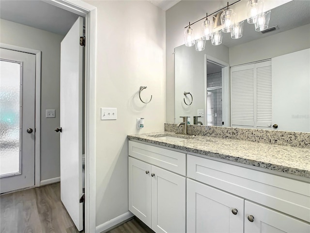 bathroom with vanity, baseboards, a closet, and wood finished floors