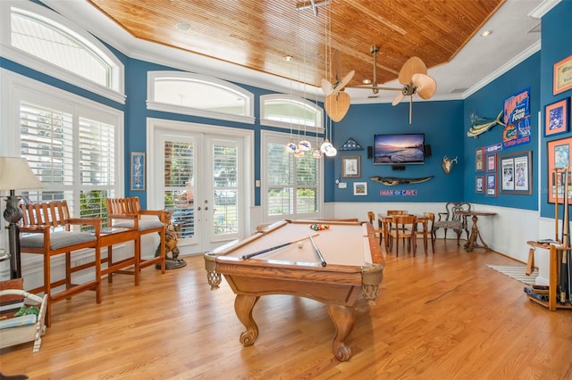 rec room with french doors, pool table, light hardwood / wood-style floors, crown molding, and wood ceiling