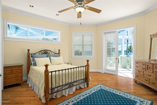 bedroom with ceiling fan, light hardwood / wood-style floors, access to outside, and crown molding