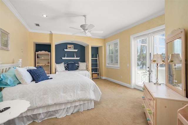 carpeted bedroom featuring ornamental molding, ceiling fan, and access to outside