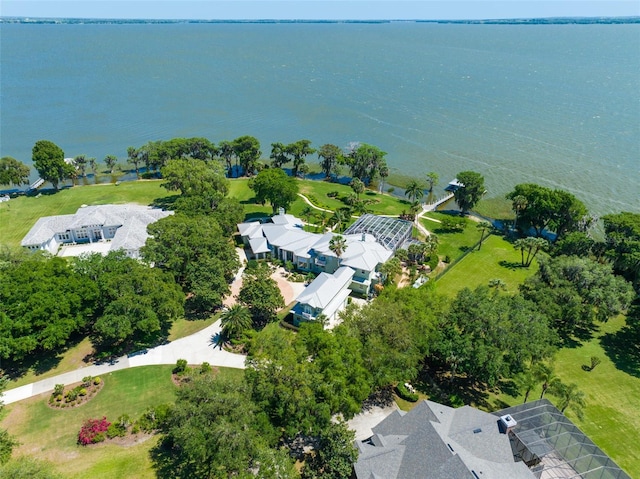 drone / aerial view featuring a water view