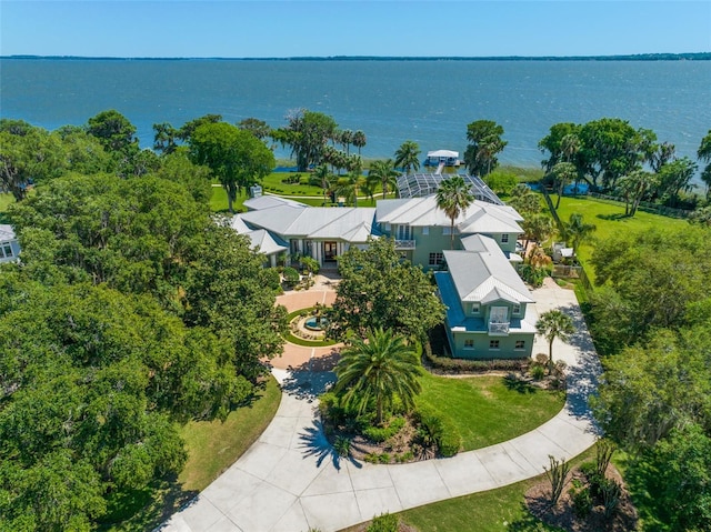 drone / aerial view with a water view