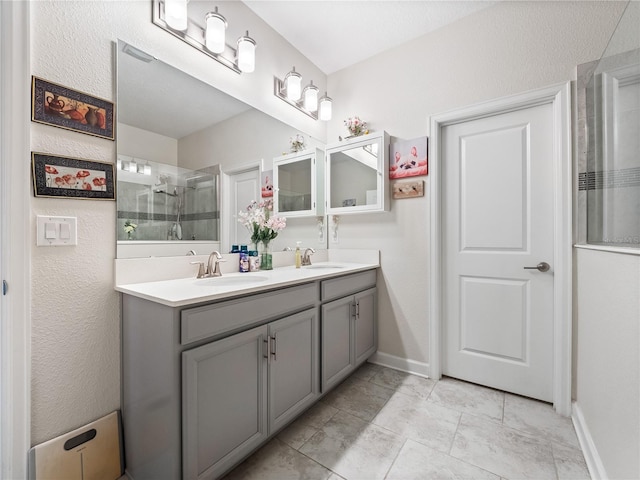 bathroom with tile flooring and dual vanity