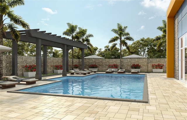 view of swimming pool with a pergola and a patio area