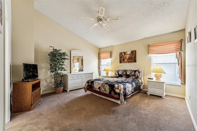 bedroom with light carpet, lofted ceiling, ceiling fan, and a textured ceiling