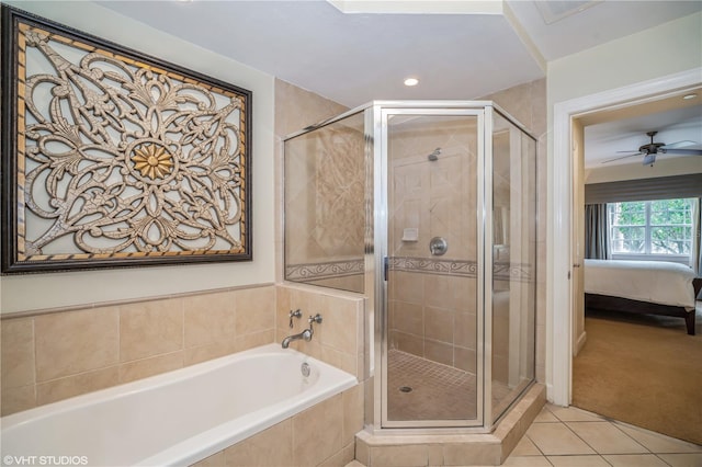 bathroom featuring independent shower and bath, tile floors, and ceiling fan