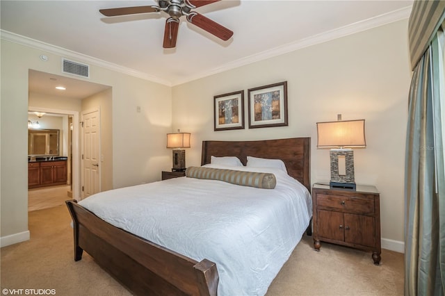 carpeted bedroom featuring crown molding and ceiling fan