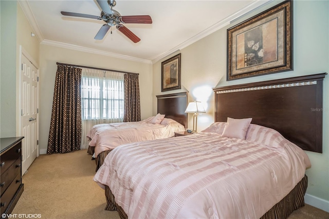 bedroom featuring light carpet, ceiling fan, and ornamental molding