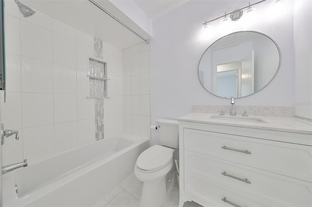 full bathroom featuring tile floors, tiled shower / bath combo, oversized vanity, and toilet