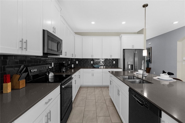 kitchen with light tile floors, white cabinets, sink, tasteful backsplash, and black appliances