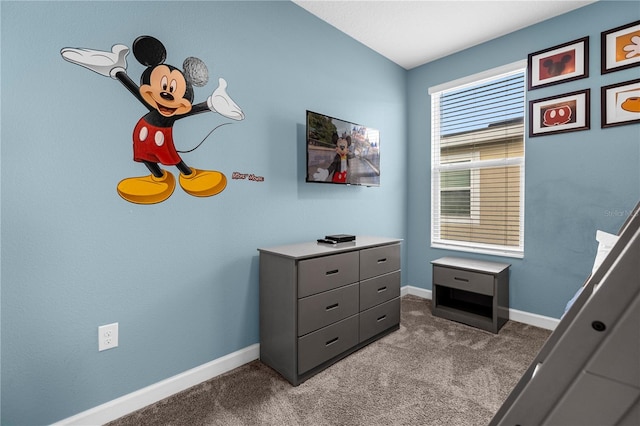 bedroom with multiple windows and dark colored carpet