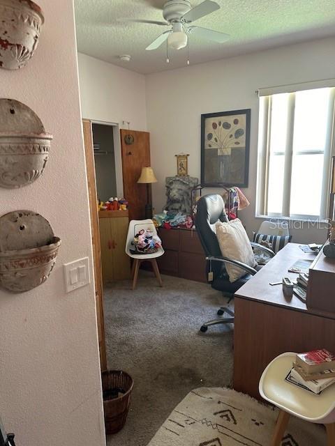 carpeted home office featuring ceiling fan and a textured ceiling