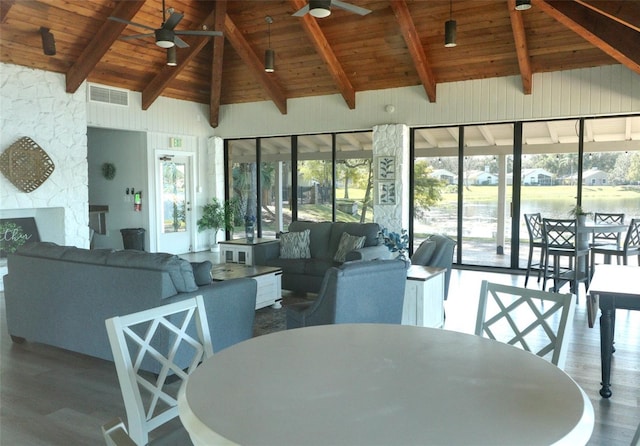 dining room with a water view, high vaulted ceiling, hardwood / wood-style flooring, and wooden ceiling