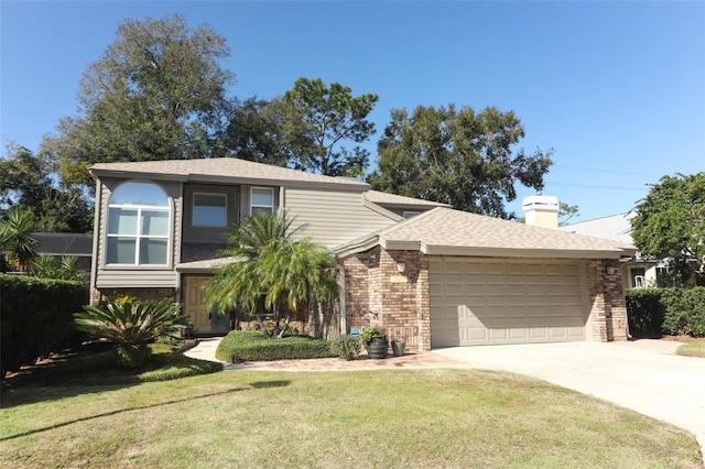 view of front of home with an attached garage, a chimney, concrete driveway, a front lawn, and brick siding