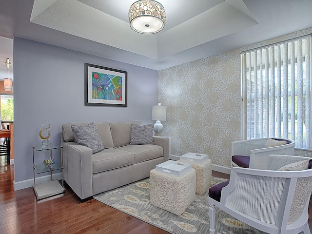 living room with wood-type flooring and a tray ceiling