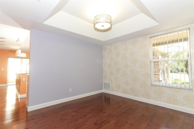 empty room featuring a tray ceiling and wood-type flooring