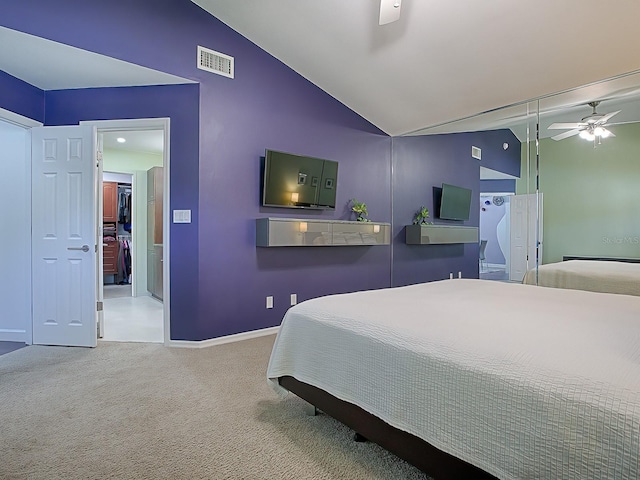 bedroom featuring carpet flooring, ceiling fan, and lofted ceiling