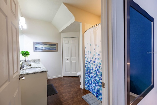 bathroom featuring hardwood / wood-style flooring, toilet, lofted ceiling, and large vanity