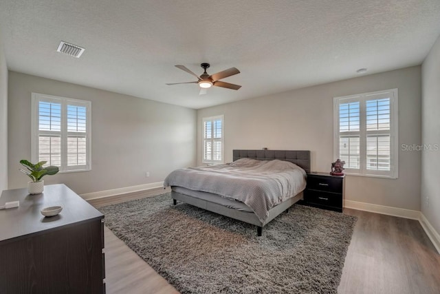 bedroom with multiple windows, hardwood / wood-style flooring, and a textured ceiling