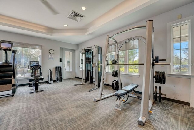 workout area with light colored carpet and a tray ceiling