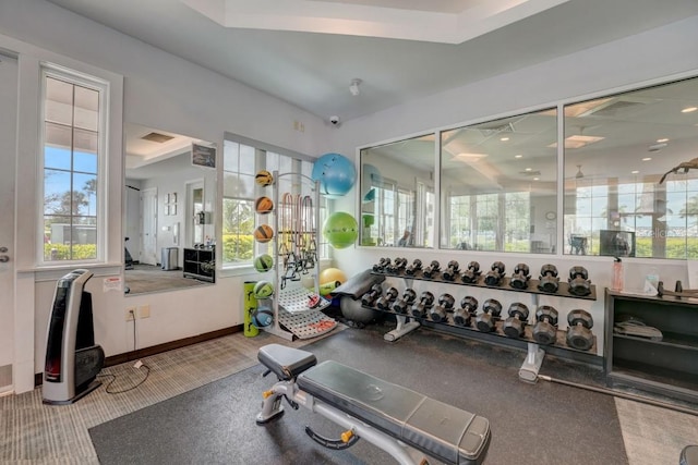 exercise room featuring a healthy amount of sunlight, carpet, and a raised ceiling