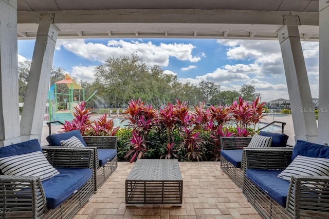 view of terrace with an outdoor living space