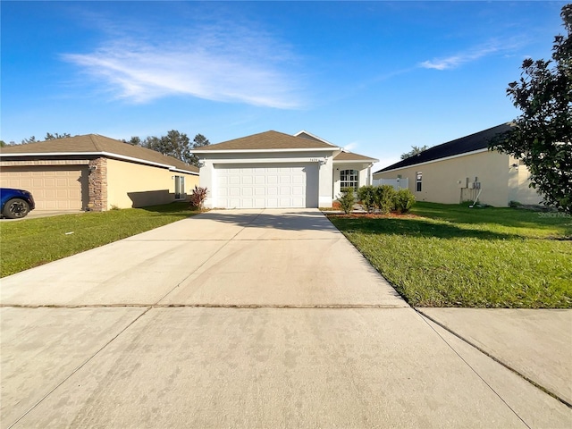 ranch-style house with a front yard and a garage