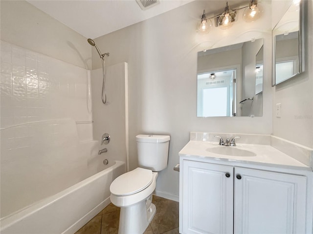 full bathroom with toilet, vanity,  shower combination, and tile patterned flooring