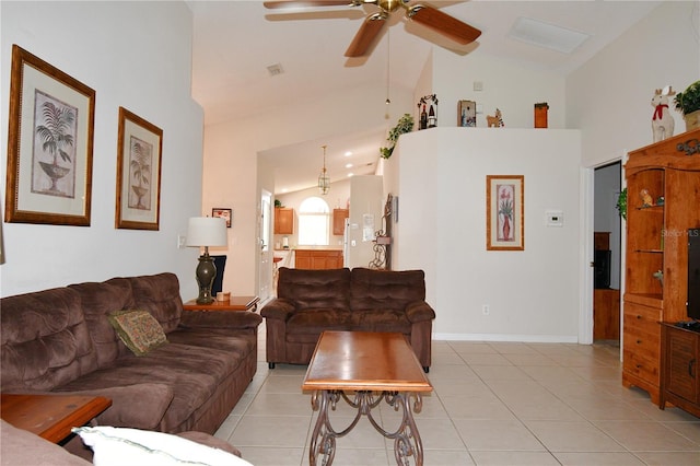 living room with light tile patterned floors, high vaulted ceiling, and ceiling fan