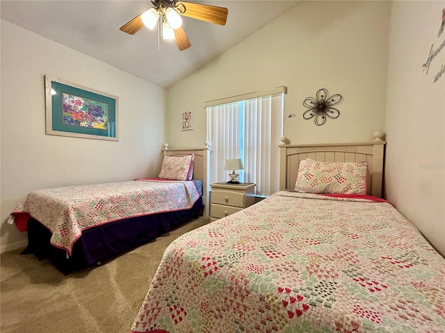 carpeted bedroom featuring ceiling fan and lofted ceiling