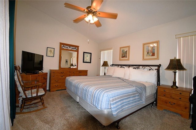 bedroom featuring carpet flooring, ceiling fan, and vaulted ceiling