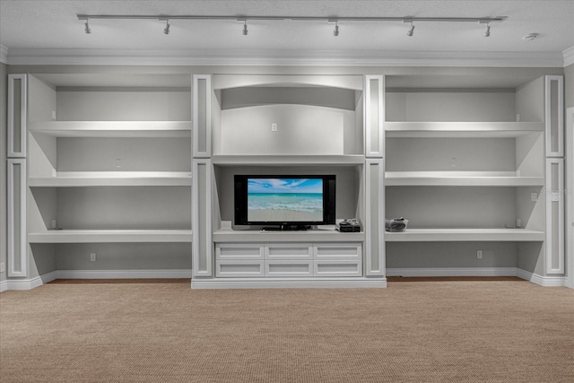 unfurnished living room with a textured ceiling, carpet, and ornamental molding