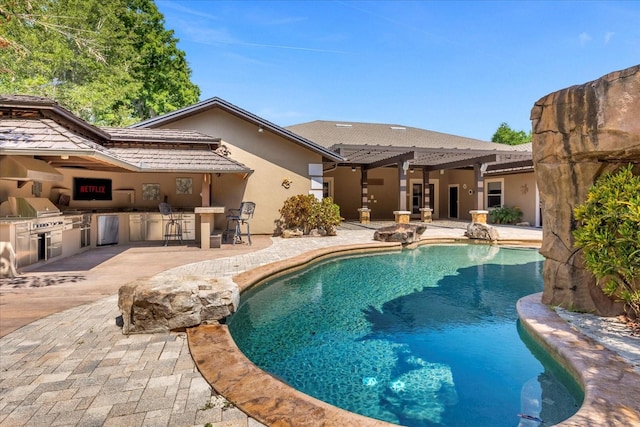 view of swimming pool with exterior bar, exterior kitchen, grilling area, and a patio area