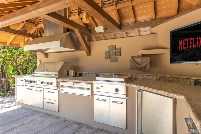 interior space featuring vaulted ceiling with beams, white cabinetry, and wood ceiling