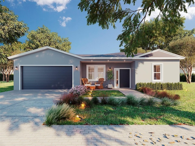 ranch-style house featuring a front lawn and a garage