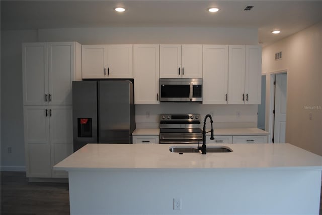 kitchen featuring stainless steel appliances, a sink, visible vents, and white cabinetry