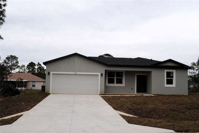 ranch-style house featuring driveway, an attached garage, cooling unit, and stucco siding