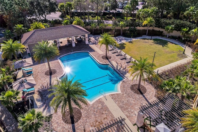 view of swimming pool featuring a patio area